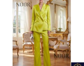 Chartreuse Satin Suit Women Lime Green Silk Pantsuit Double Breasted Blazer Flared Pants Trauanzug Grün Damen Tailleur Vert NOOR Bespoke