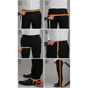 Puede incluir: Seis im&aacute;genes que muestran c&oacute;mo medir para un pantal&oacute;n. Se utiliza una cinta m&eacute;trica para medir la cintura, las caderas, el muslo y la entrepierna. La persona de las im&aacute;genes lleva pantalones negros y una camisa blanca.