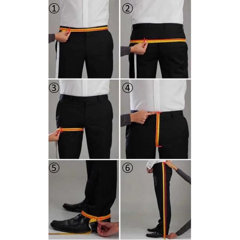 Puede incluir: Seis im&aacute;genes que muestran c&oacute;mo medir para un pantal&oacute;n. Se utiliza una cinta m&eacute;trica para medir la cintura, las caderas, el muslo y la entrepierna. La persona de las im&aacute;genes lleva pantalones negros y una camisa blanca.