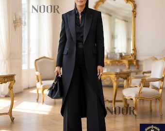 Czarny długi płaszcz damski elegancki garnitur szyty na miarę Power Suit Damen Anzug Mantel Costume Femme Chic