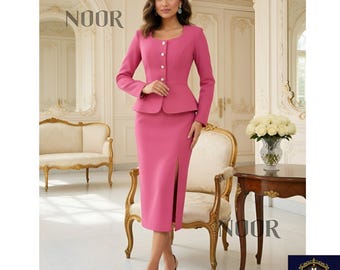Hot Pink Skirt Suit Women Peplum Blazer Midi Skirt Slit Magenta 2 Piece Set Wedding Guest Tailleur Rose Kostüm Pink NOOR Bespoke