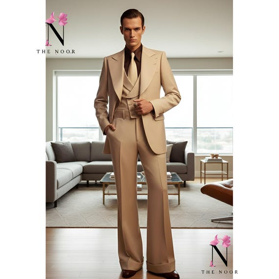Beige Luxury Mens Suit Vintage Style Tailored 3 Piece Suit Trauanzug Herren Costume Homme Élégant