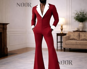 Traje de mono rojo para hombre, estilo años 70, vintage, pantalones acampanados, solapa blanca, para fiesta de graduación, disfraz disco, retro, para novio, traje rojo, combinación general roja