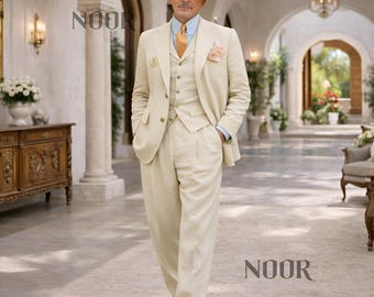 Creme Leinenanzug Männer 3 Stück Hochzeitsanzug Ivory Bräutigam Outfit Sommer Strand Hochzeit altes Geld Trauanzug Leinen Tailleur Homme Lin