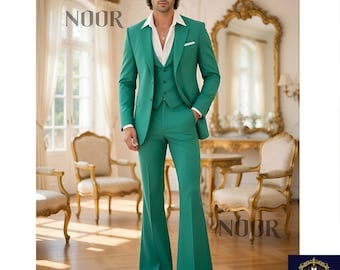 Green 3 Piece Suit Men Vintage 70s Flared Pants Bell Bottom Vest Retro Groom Prom Trauanzug Grün Herren Costume Homme THE NOOR