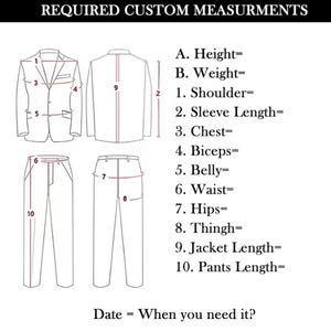Puede incluir: Diagrama que ilustra las medidas personalizadas para un traje, incluyendo chaqueta y pantal&oacute;n. Las etiquetas indican los puntos para la altura, el peso, el hombro, la longitud de la manga, el pecho, el b&iacute;ceps, el vientre, la cintura, las caderas, el muslo, la longitud de la chaqueta y del pantal&oacute;n. El texto en la parte superior dice "REQUIRED CUSTOM MEASURMENTS".