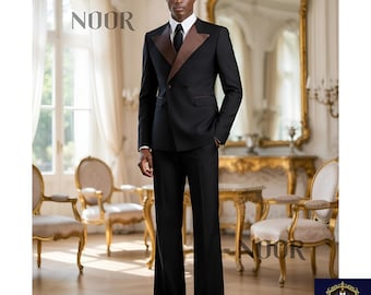 Black Suit Men Brown Peak Lapel Double Breasted Tuxedo Wide Leg Flared Pants Groom Wedding Prom Trauanzug Herren Tailleur Noir THE NOOR