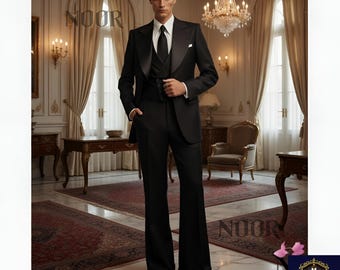 Black 3 Piece Tuxedo Men Satin Peak Lapel Vest Flared Pants Groom Wedding Suit Prom Smoking Anzug Herren Tailleur Noir NOOR Bespoke