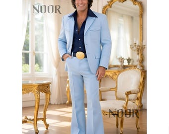 Light Blue 70s Suit Men Flared Pants Bell Bottom Retro Groom Prom Disco Suit Trauanzug Herren Hellblau Costume Homme THE NOOR