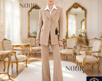 Camel Suit Women Double Breasted Blazer Flared Wide Leg Pants Beige Pantsuit Old Money Office Wear Trauanzug Damen Tailleur THE NOOR