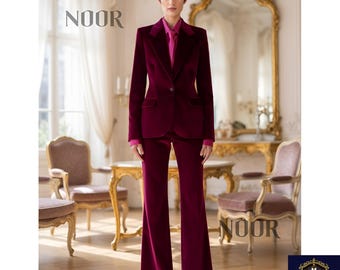 Burgundy Velvet Suit Women Magenta Pantsuit Flared Pants 70s Retro Blazer Wedding Guest Samtanzug Damen Tailleur Velours THE NOOR