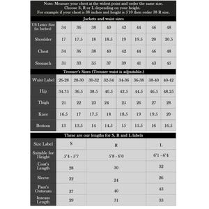 Puede incluir: Una tabla detallada con tallas de chaquetas, cintura y pantalones en pulgadas. Incluye medidas de hombro, pecho, est&oacute;mago, cadera, muslo, rodilla y bajo. Tambi&eacute;n muestra las tallas S, R y L con medidas correspondientes.