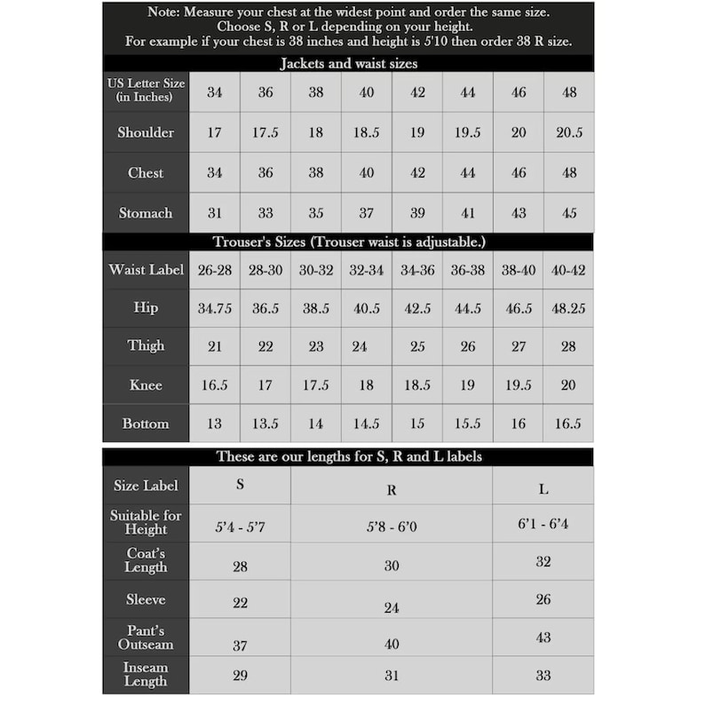 Puede incluir: Una tabla detallada con tallas de chaquetas, cintura y pantalones en pulgadas. Incluye medidas de hombro, pecho, est&oacute;mago, cadera, muslo, rodilla y bajo. Tambi&eacute;n muestra las tallas S, R y L con medidas correspondientes.