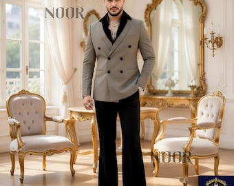 Taupe Suit Men Double Breasted Blazer Black Flared Pants 70s Retro Groom Prom Trauanzug Herren Beige Costume Homme THE NOOR