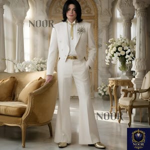 White Suit Men Cropped Jacket Tailcoat Wide Leg Flared Pants High Waisted Trousers Retro Groom Prom Trauanzug Weiß Costume NOOR Bespoke