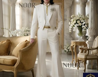 White Suit Men Cropped Jacket Tailcoat Wide Leg Flared Pants High Waisted Trousers Retro Groom Prom Trauanzug Weiß Costume NOOR Bespoke