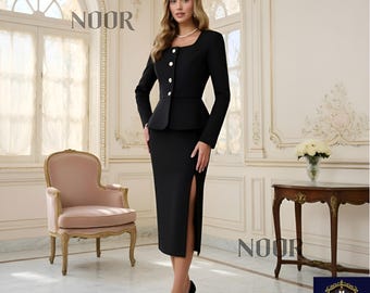 Black Skirt Suit Women Peplum Blazer Midi Skirt Slit Office Wear Evening 2 Piece Set Tailleur Noir Kostüm Schwarz NOOR Bespoke