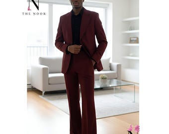 70s Burgundy Mens Suit Retro Wide Leg Pants Vintage Disco Anzug Herren Schlaghose Costume Homme Années 70