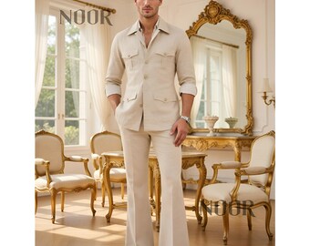 Beige Safari Suit Men 70s Leisure Suit Flared Pants Boho Groom Beach Wedding Trauanzug Herren Leinen Costume Homme Lin THE NOOR