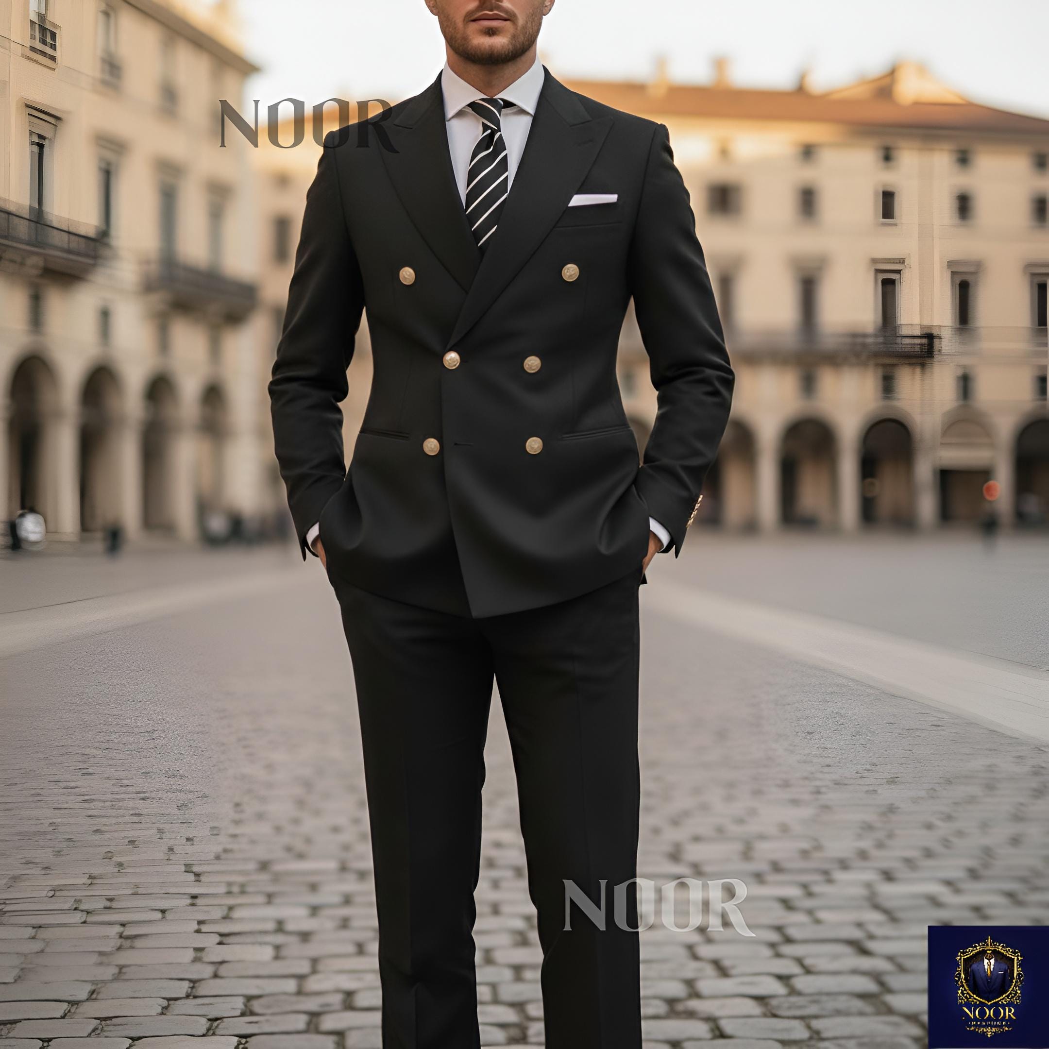 Black Double Breasted Mens Suit Gold Button Anzug Herren Elegant Formal Costume Homme Luxury Tailored Wear