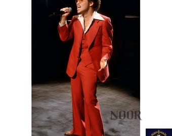 Red 3 Piece Suit Men Vintage 70s Flared Pants Bell Bottom Vest Retro Groom Prom Disco Rockstar Suit Trauanzug Herren Rouge NOOR