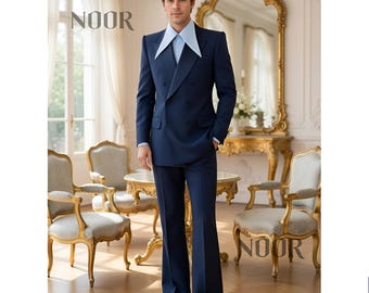 Navy Blue 70s Suit Men Double Breasted Blazer Flared Pants Bell Bottom Retro Groom Prom Trauanzug Herren Costume Homme THE NOOR