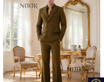 Olive Green Suit Men Double Breasted Blazer Flared Pants 70s Retro Groom Prom Trauanzug Khaki Herren Costume Homme Vert NOOR