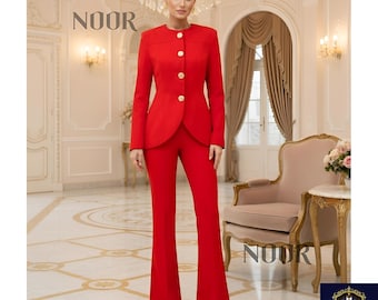 Red Suit Women Collarless Blazer Gold Button Pantsuit Flared Pants Office Wear Wedding Guest Trauanzug Rot Tailleur Rouge NOOR