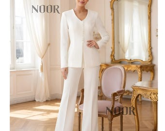 White Bridal Suit Women V Neck Collarless Blazer Wide Leg Pantsuit Civil Wedding Elopement Trauanzug Weiß Tailleur Blanc NOOR Bespoke