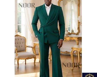 Emerald Green Suit Men Wrapped Blazer Belted Flared Pants Prom Groom Wedding Trauanzug Grün Herren Costume Homme Vert THE NOOR