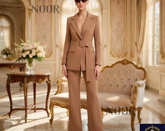 Camel Suit Women Belted Pantsuit Tan Blazer Wide Leg Office Wear Wedding Guest Trauanzug Beige Damen Tailleur Camel NOOR Bespoke