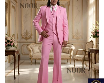 Pink 3 Piece Suit Men Vintage 70s Flared Pants Bell Bottom Vest Retro Groom Prom Disco Rockstar Suit Trauanzug Herren Rosa Costume NOOR