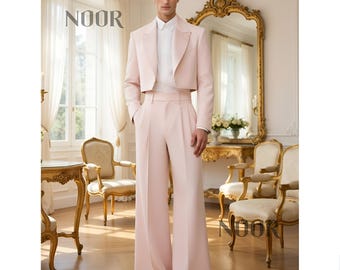 Blush Pink Suit Men Cropped Jacket Wide Leg Pants High Waisted Trousers Retro Groom Tuxedo Trauanzug Rosa Costume Homme THE NOOR