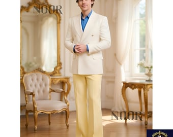 Vintage 70s Suit Men Cream Double Breasted Blazer Yellow Flared Pants Retro Groom Prom Trauanzug Herren Costume Homme THE NOOR