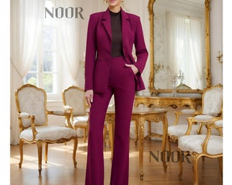 Magenta Suit Women Berry Pantsuit Flared Pants Office Wear Plum Blazer Wedding Guest Trauanzug Pink Damen Tailleur Fuchsia NOOR