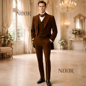 May include: A brown three-piece suit with a notched lapel jacket, vest, and matching trousers. The suit features a white dress shirt and a patterned ascot. The image includes the text "NOOR". The suit is worn with black dress shoes.