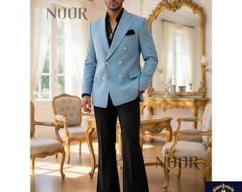 Light Blue Blazer Men Double Breasted Suit Vintage 70s Flared Pants Black Retro Groom Wedding Prom Trauanzug Herren NOOR Bespoke