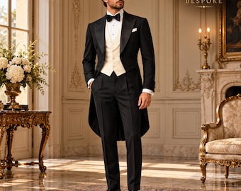 Black Tailcoat Tuxedo Trauanzug Herren Costume Homme Wedding Groom Suit Ivory Waistcoat Formalwear Classic Evening Ceremony Outfit
