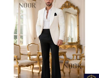 White Tuxedo Men Vintage 70s Suit Black Flared Pants Wide Leg Groom Wedding Prom Retro Evening Wear Trauanzug Herren NOOR Bespoke