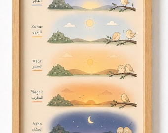Póster con los horarios de oración islámica para niños, tabla para aprender sobre el Salah, arte infantil musulmán (descarga digital)