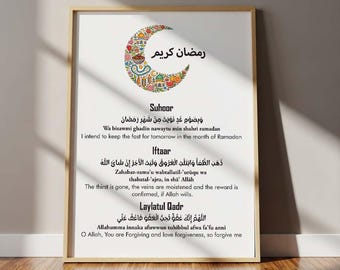 Duas de Ramadán imprimibles, Suhoor Iftar Laylatul Qadr, Arte mural islámico (Descarga digital)