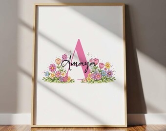 Impresión floral inicial personalizada: decoración infantil personalizada en acuarela (descarga digital)