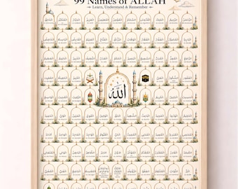 Póster de los 99 Nombres de Alá, Arte mural islámico Asma Ul Husna, Impresión de caligrafía árabe