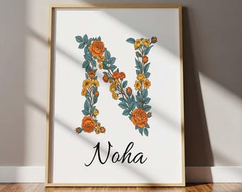 Lámina infantil con inicial floral: nombre personalizado, flores silvestres en acuarela (descarga digital)