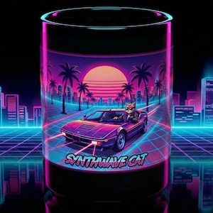 May include: A glass with a vibrant retro design. It depicts a cat driving a purple car on a neon grid road, with a sunset and palm trees in the background. The text "SYNTHWAVE CAT" is displayed below the image.