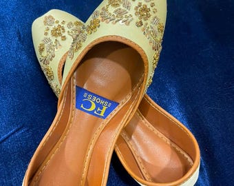 Handcrafted Mint Green Silk Jutti: Gold Zardozi Embroidery, Sequins, Beads (Bridal Flat Shoes)