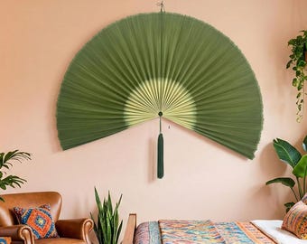 Bamboo Fan Wall Decor – Japanese Hanging Art Headboard, Boho Folding Asian Style, Natural Ivory Home Aesthetic