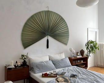 Bamboo Fan Wall Decor – Japanese Hanging Art Headboard, Boho Folding Asian Style, Natural Ivory Home Aesthetic