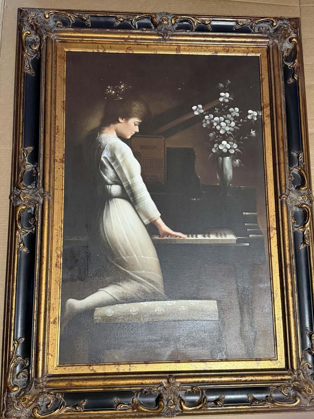 Vintage David Paragol Piano Art – Woman in White, Ornate Gold Frame - Etsy