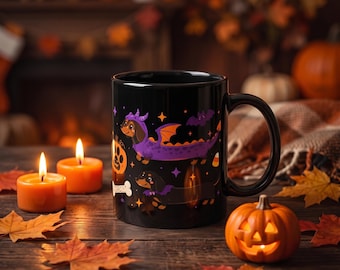 Dachshund Halloween Dog Mom Mug 11oz 15oz, Spooky Black Mug, Funny Halloween Fur Mama Gift Cup